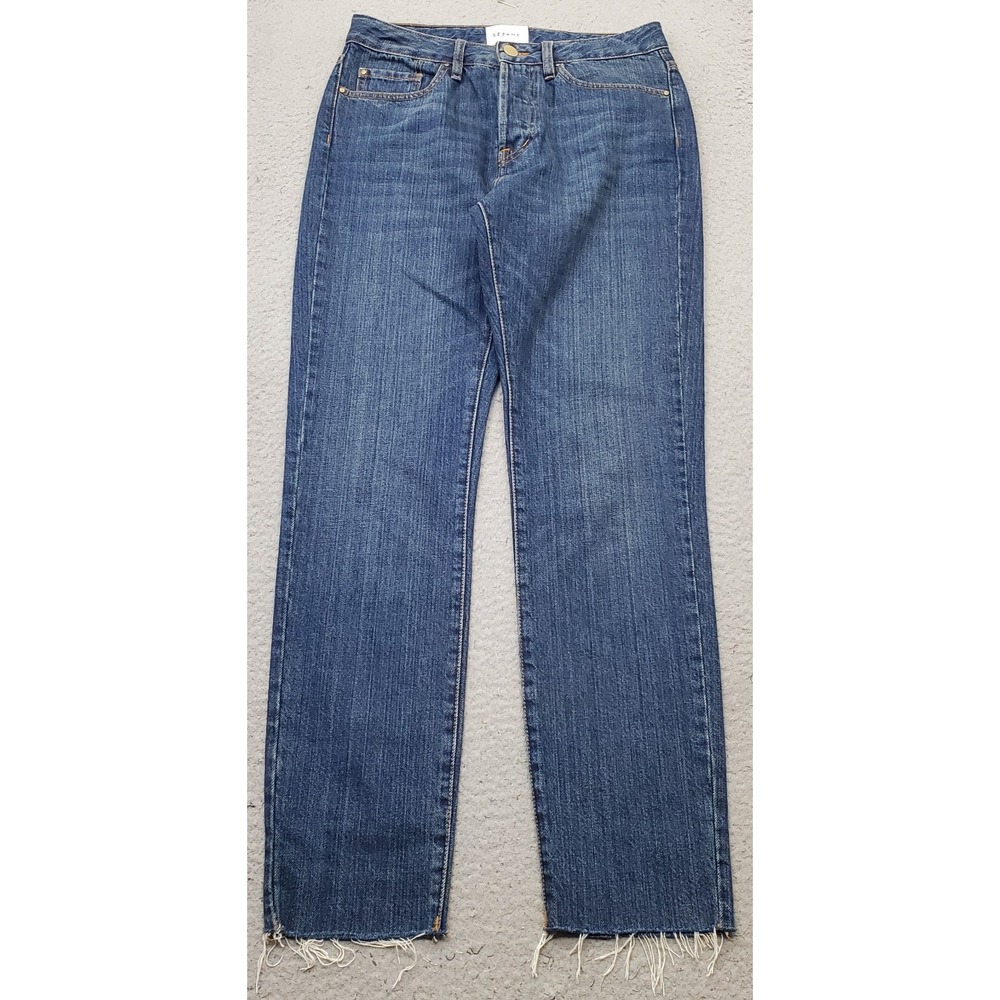 Sézane Jeans Womens 27 Blue Denim Whiskered Raw Hem Straight Leg Button Fly EUC